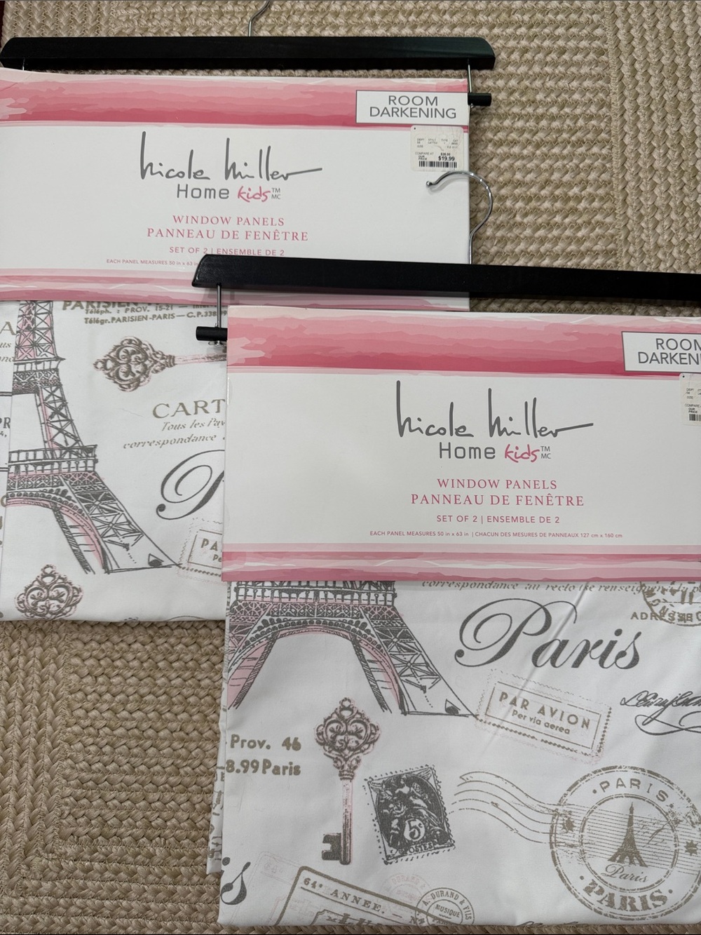 Nicole Miller Kids Paris Curtain Panels in White, Pink & Gray. Super cute!